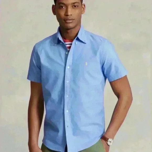 Polo Ralph Lauren Shirt Mens Large Blue Oxford Short Sleeve Cotton/Linen -*read - Picture 1 of 7
